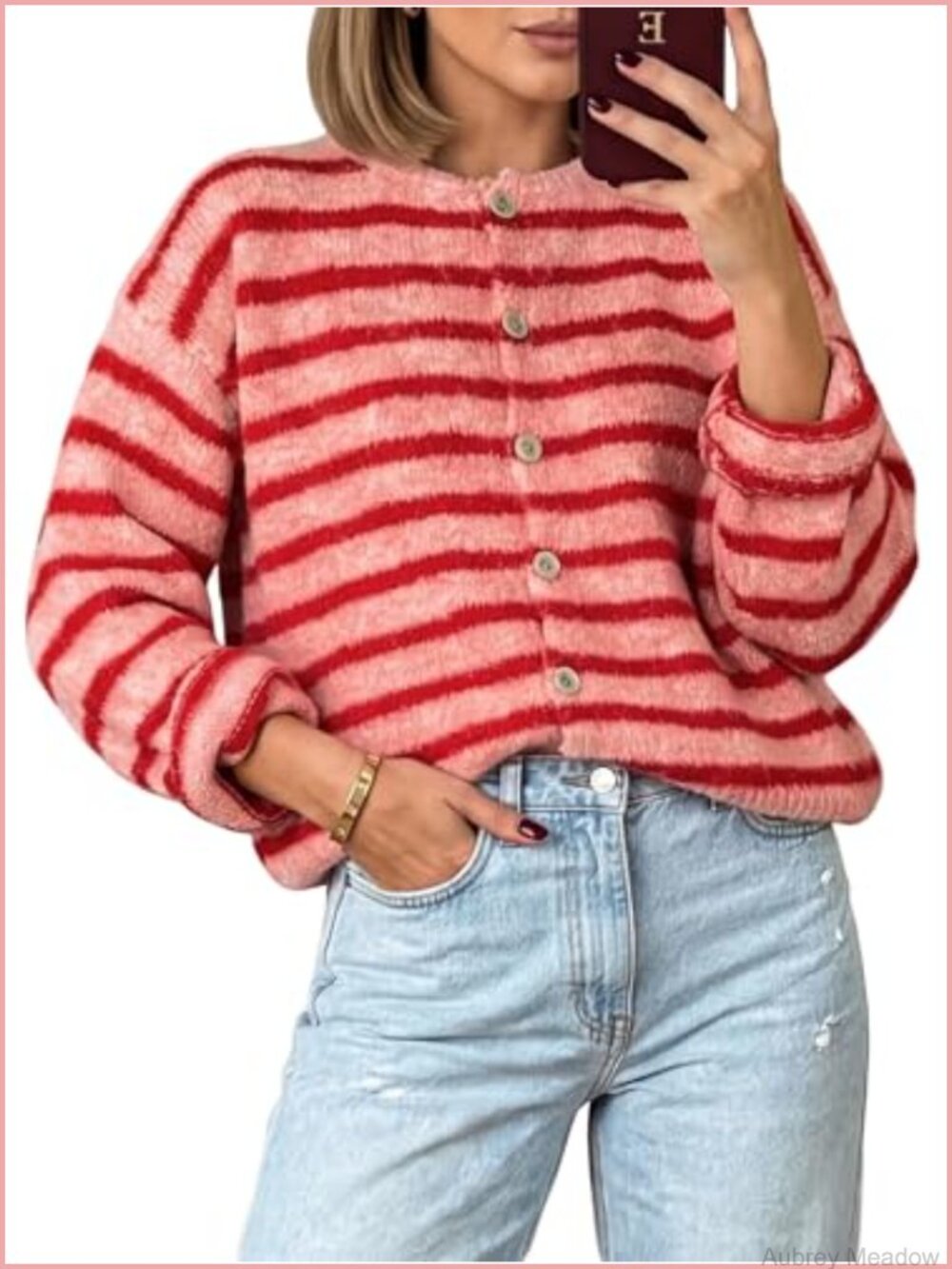 Striped Button Up Long Sleeve Cardigan Drop Shoulder Loose Cropped Sweater